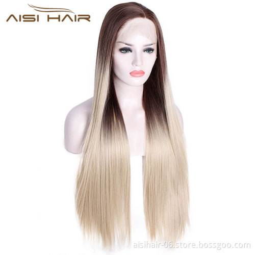 Good Quality Lace Front Wigs Silk Straight Blonde Ombre Synthetic Long Wigs Heat Resistant Synthetic Fiber Wigs